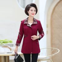 妈妈装外套2021春秋新款奶奶长袖风衣女中长款宽松中老年女士夹克 酒红色 [不好看包退] XL[建议100斤以下]