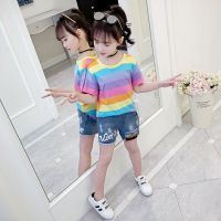 女童套装2021新款夏装儿童装时髦两件套8牛仔短裤T恤洋气韩版休闲 [绝地求生]粉色彩条[套装] 160码 适合身高15