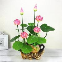 一盆仿真荷花莲花供佛花小套装 塑料假花小盆栽家居装饰摆件 茶壶盆+PU荷花粉