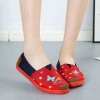 [买一双送一双]女帆布鞋女鞋工作鞋外穿休闲鞋百搭一脚蹬 1双蝴蝶红色(无赠品) 40