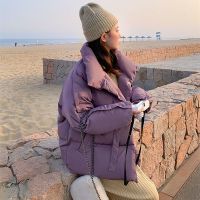 反季2021年冬季新款棉衣女短款韩版羽绒棉服棉袄学生面包服外套 灰紫色 XS 85-95斤