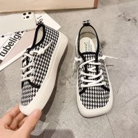 丑萌帆布鞋女学生韩版芒果头2021年春新款平底百搭休闲小白鞋夏季 千鸟格 36