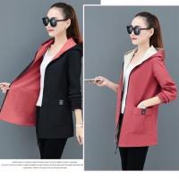 2021两面穿风衣外套女潮春秋冬中长款新款修身大码连帽上衣 黑色加沙红(双面穿) M 建议70斤-85斤-95斤