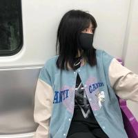 盐系夹克外套女春秋2021新款初中高中学生韩版百搭灯芯绒棒球服女 蓝色 XXS 适合20-30斤