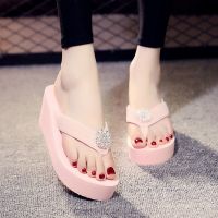 人字拖女夏坡跟防滑时尚拖鞋度假休闲水钻沙滩鞋高跟夹脚学生凉拖 6.5cm粉细钻+白水晶 34