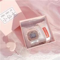 方块手表女生独角兽樱花粉复古方形电子表ins风高中生学生学院风 透明白咖金(送仙女盒+硅胶手环)