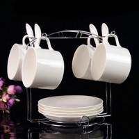 欧式陶瓷杯咖啡杯套装 创意金边杯碟4件套 骨瓷咖啡杯碟勺带架子 纯白色 4杯4碟4勺带架子+送2勺