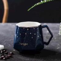 创意水杯陶瓷女生高颜值耐热家用马克杯带盖勺生日礼物送男女朋友 （星空蓝钻石杯） 单杯