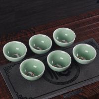 [送茶巾]功夫茶具陶瓷套装家用泡茶器青瓷茶壶盖碗茶杯整套特价 6个茶杯-青瓷带鱼