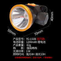 雅格头灯充电强光远射LED夜钓鱼灯户外探照维修矿工头戴小手电筒 U108 轻巧款 1W 1200mAh锂电池 两档调光