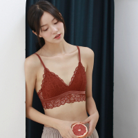 米图法式蕾丝无钢圈内衣女三角杯薄款少女大胸显小文胸罩牛油果绿 西柚红 （超美主图色） S