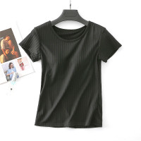 带胸垫冰丝螺纹半袖T恤衫女夏季罩杯内衣一体瑜伽睡衣短袖打底衫 黑色螺纹带胸垫冰丝短袖 160(M) 80-88斤