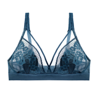 超薄无钢圈大胸显小胸大码内衣女夏薄款法式性感蕾丝文胸套装胸罩 绿色 34/75A