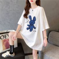 棉小众设计感短袖t恤女夏装韩版宽松可爱兔子刺绣胖mm遮肚子上衣 白色 M 建议110斤内