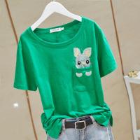 95棉夏季新款韩版时尚圆领头像印花竹节棉体恤宽松百搭短袖T恤女 兔子绿色 M 85-105斤
