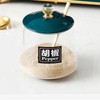 调味盒厨房家用辣椒盐糖醋油壶收纳调料瓶子玻璃调味罐组合套装 单个绿色调味盒(送勺子标签)