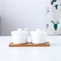 创意日式玻璃竹木调味罐陶瓷悬空调料盒调味瓶盐罐二三四件套装 如影陶瓷(平板)二件套