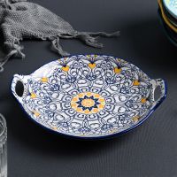 创意双耳水果盘鱼盘碟子家用大号盘子菜盘欧式陶瓷西餐烤盘焗饭盘 波西米亚圆形青藤黄色