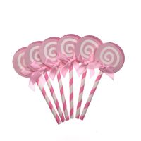 蛋糕装饰混色蝴蝶结棒棒糖情景生日甜品台插牌插件烘焙摆件 粉色棒棒糖6支 1包
