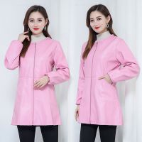 羽绒服罩衣成人女冬季PU皮防水防油中长款工作服长袖外套大人围裙 皮罩衣玫红色 L码115斤以内