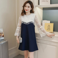 喂奶衣外出秋季孕妇装蕾丝拼接潮妈产后哺乳装七分袖喂奶衣连衣裙 深蓝色[带哺乳口] M