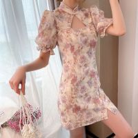 哺乳衣夏季短袖时尚复古花色显气质旗袍宝妈外出喂奶连衣裙辣妈款 短款常规款 M