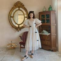 哺乳装外出时尚辣妈款夏季短袖方领纱质蝴蝶结连衣裙产后喂奶衣服 米白色 M