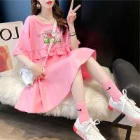 夏季2021哺乳衣上衣短袖t恤潮中长款产后期外出辣妈喂奶遮臀短裙 F03粉色(哺乳款-横开口) M(80-115斤)