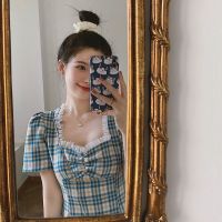 哺乳衣夏季外出时尚花边方领格子产后装显瘦辣妈显瘦哺乳期连衣裙 哺乳款-竖拉链 M