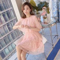 产后夏季新款时尚外出韩版短袖蕾丝显瘦喂奶连衣裙母乳期衣服上衣 粉红色 M
