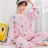 夏季女棉绸产后长袖睡衣绵绸产妇哺乳孕妇喂奶衣月子服薄款 粉底西瓜 M码160厘米 80-110斤