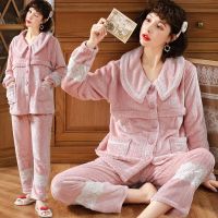 月子服夹棉孕妇睡衣厚产前产后秋冬季哺乳衣怀孕期喂奶衣棉袄套装 HYS3012豆沙蕾丝-法兰绒 L码（110-130斤内适