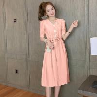 哺乳期衣服外出时尚夏季大码休闲产后母乳上衣宽松显瘦喂奶连衣裙 粉红色 M