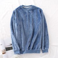 套头单件上衣秋冬款珊瑚绒男士睡衣加厚绒法兰绒冬季家居服保暖 男款 氧气蓝 M码