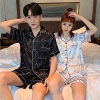 情侣睡衣夏季冰丝短袖小夫妻一男一女韩版宽松薄款套装夏天家居服 男黑女白 M女