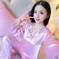 春秋薄款韩版睡衣女士长袖仿真丝蕾丝夏季性感大码两件套装家居服 178#粉色 M