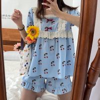 宫廷风薄款睡衣套装女2021夏季新款日系可爱蕾丝短袖家居服两件套 樱桃蓝色套装 M 建议【80-100斤】