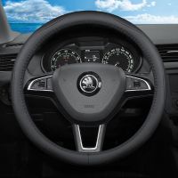 斯柯达新明锐昕动昊锐晶锐速派野帝柯迪亚克方向盘套真皮车把套 黑色黑线 圆形