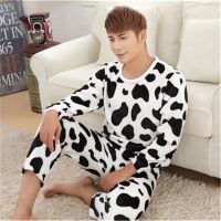 睡衣男秋冬季法兰绒加厚加绒学生卡通青少年男孩珊瑚绒男士家居服 圆领奶牛绒 小码M160高[90斤]