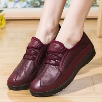 春秋款中老年妈妈鞋平底鞋软底系带单鞋时尚休闲鞋老人皮鞋