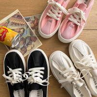 2021夏季拼接踩脚两穿小白鞋芍药粉新款厚底半拖鞋薄款透气帆布鞋