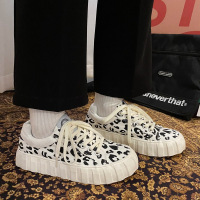 2021春季韩版自制复古圆头韩系chic可爱学院风大头豹纹帆布鞋女