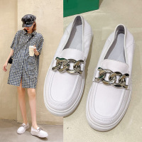 头层牛皮乐鞋女2021夏季新款圆头一脚蹬白色小皮鞋女鞋