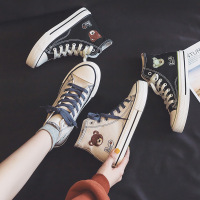 小熊高帮帆布鞋女2021春季新款透气学生百搭平底板鞋ins潮鞋W695