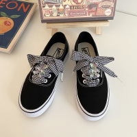 帆布鞋简约百搭ins博主街拍棕底ins博主复古奶油米色小熊格子鞋带