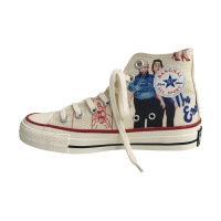 2020新款百搭复古旧漫风涂鸦米色休闲高帮帆布鞋小白鞋女
