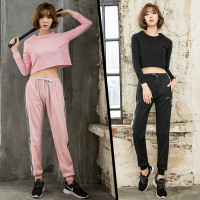 运动卫衣套装女露肚脐短款上衣速干裤户外跑步宽松瑜伽健身裤