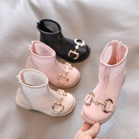 女童马丁靴2021年夏季新款英伦风格子布网面透气短靴中大童公主鞋