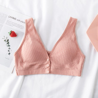 薄款竹节棉哺乳文胸大码无钢圈前开棉竖条纹中老年背心内衣