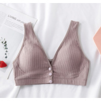 薄款竹节棉哺乳文胸大码无钢圈前开棉竖条纹中老年背心内衣